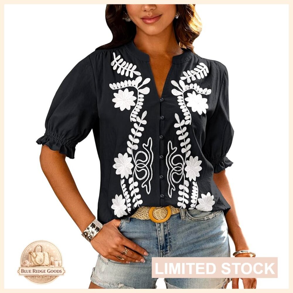 Floral Embroidered Boho V-Neck Puff Sleeve Button Down Blouse Tunic Top